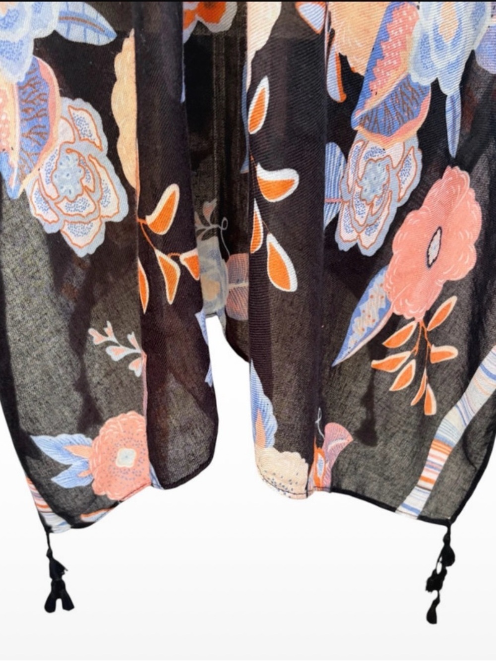WOVEN HEART Pastel Pink & Blue Floral Black Kimono with Tassels, O/S - Picture 8 of 9